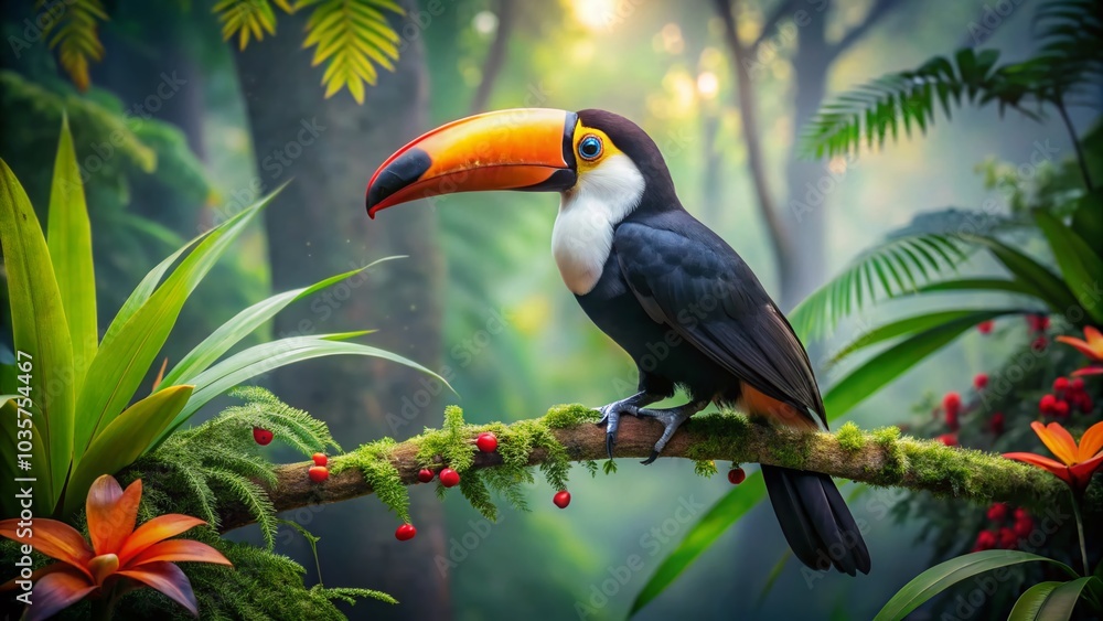 Long Exposure of a Toco Toucan in a Vibrant Jungle Setting Long Exposure of a Toco Toucan in a Vibrant Jungle Setting