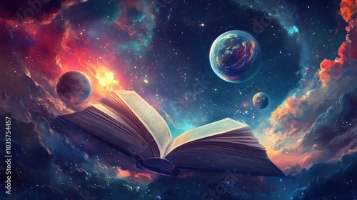 Fototapeta Naklejka Na Ścianę i Meble -  colorful digital illustration of open book with planets an stars in space