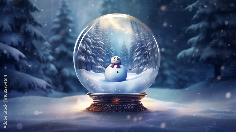 Landscape in a crystal ball, snowman and cedar Landscape in a crystal ball, snowman and cedar