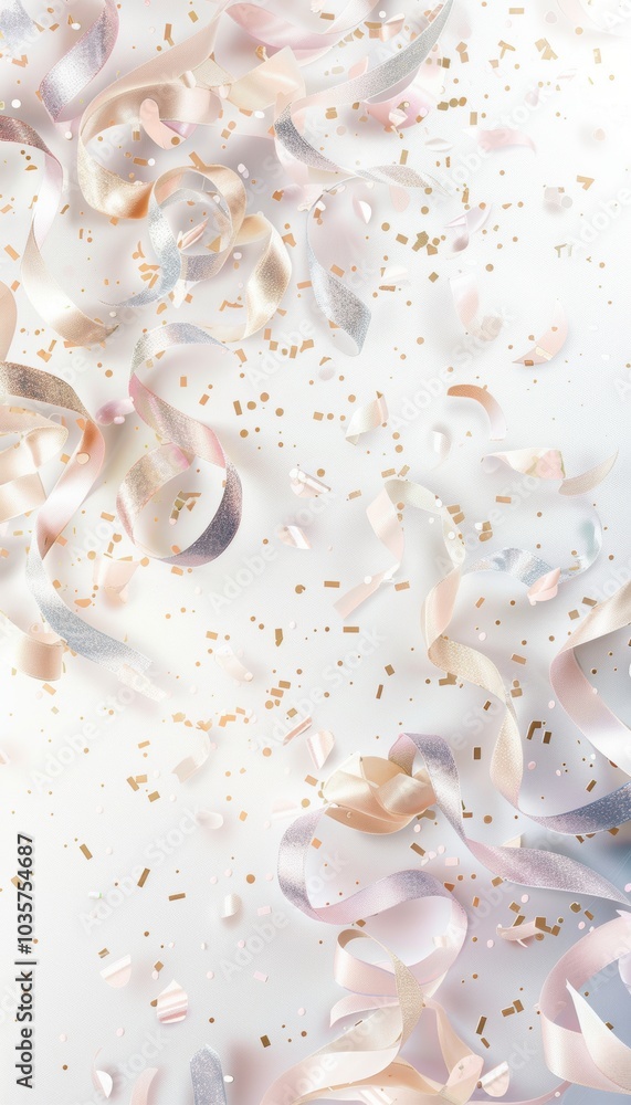 Minimalist Abstract Birthday Background with Pastel Ribbons and Metallic Confetti for Card Design Minimalist Abstract Birthday Background with Pastel Ribbons and Metallic Confetti for Card Design