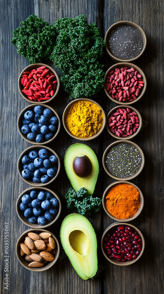 Naklejka premium Assorted Superfoods on Rustic Wooden Surface