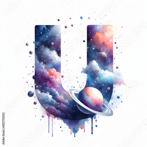 Wallpaper Mural 알파벳 대문자 "U", 우주컨셉 디자인 수채화 (Alphabet capital "U", space concept design water colour) Torontodigital.ca