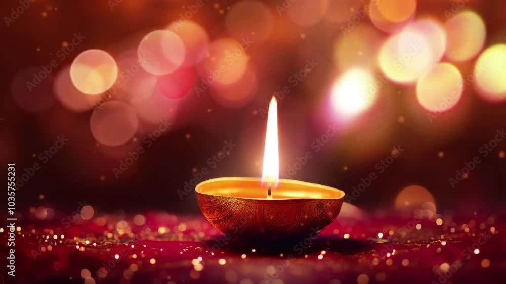 A beautifully lit Diya lamp glows warmly against a background of golden bokeh lights, symbolizing peace, spirituality, and celebration A beautifully lit Diya lamp glows warmly against a background of golden bokeh lights, symbolizing peace, spirituality, and celebration