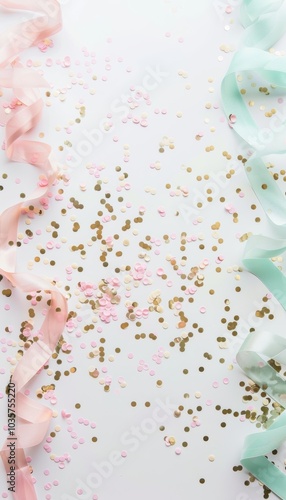 Minimalist Abstract Birthday Background with Gold Confetti and Pastel Ribbons - Perfect for Invitations