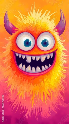 Colorful cartoon monster with big eyes and a cheerful grin.