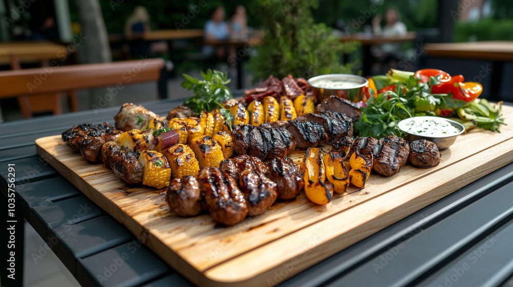Grilled meat and vegetable platter on a wooden board Grilled meat and vegetable platter on a wooden board