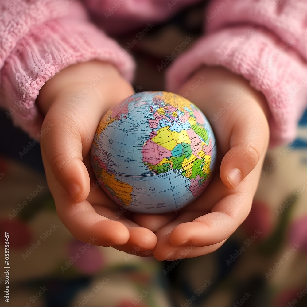 Child s hands gently holding a small globe representing the responsibility for future to protect and preserve our planet Child s hands gently holding a small globe representing the responsibility for future to protect and preserve our planet