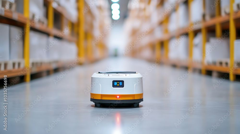 Autonomous robot moving through a modern warehouse, showcasing efficiency in logistics and automated systems, with shelves in the background. Autonomous robot moving through a modern warehouse, showcasing efficiency in logistics and automated systems, with shelves in the background.