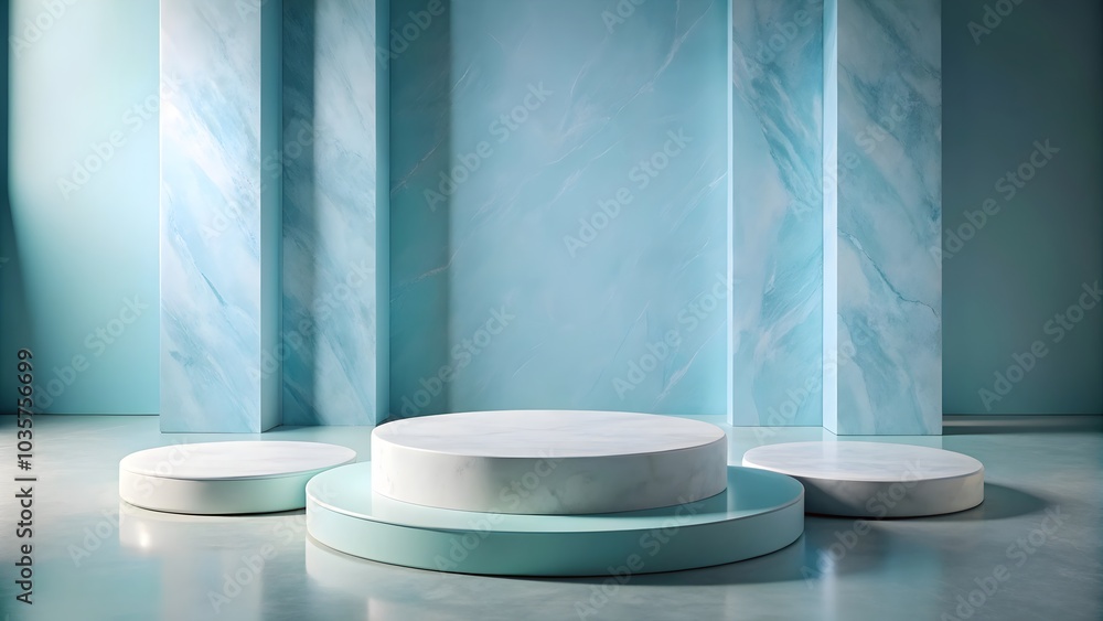 exquisite marble product presentation podium on soft blue backdrop