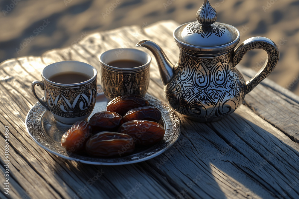 Traditional Brass Arabian Coffee Pot Pouring Coffee with Dates Traditional Brass Arabian Coffee Pot Pouring Coffee with Dates