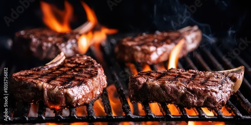 Sizzling Steaks Cooking Over a Flaming Grill The Art of Grilling Perfect Meat for Your Next Barbecue Experience