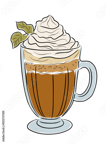 A cup of cappuccino with whipped cream on top. The whipped cream is fluffy and white, coffee is brown in tall glass. vectou outline colored drawing isolated on transparent background. PNG clipart