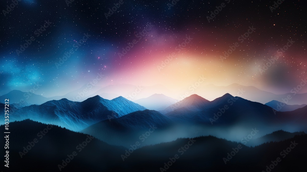A stunning mountain landscape at dawn, illuminated by a colorful sky filled with stars. The serene scenery evokes a sense of peace and adventure. A stunning mountain landscape at dawn, illuminated by a colorful sky filled with stars. The serene scenery evokes a sense of peace and adventure.