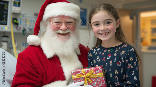 Smiling Child Poses with Santa Claus in a Hospital Setting photo