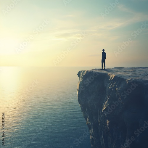 Solitary figure standing on cliff s edge overlooking vast sea embodying courage and inner strength photo