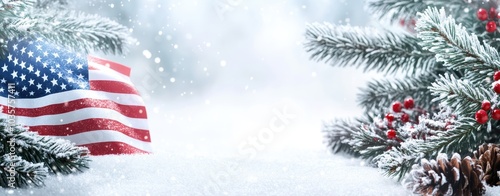 A snowy background with an American flag and snowflakes, creating a festive atmosphere for the New Year celebration on a white background.  photo