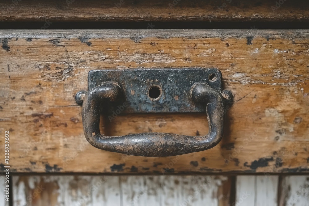 Weathered Wooden Drawer with Rusty Metal Handle Weathered Wooden Drawer with Rusty Metal Handle