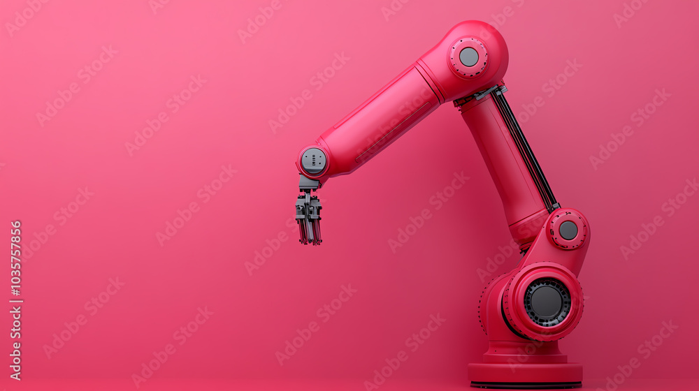 Red robotic arm on a vibrant pink background, showcasing modern design and engineering innovation in automation and robotics. Red robotic arm on a vibrant pink background, showcasing modern design and engineering innovation in automation and robotics.