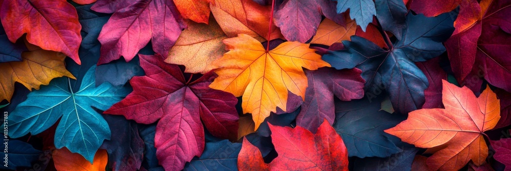 A vibrant collection of autumn leaves fills the frame. The colorful shades include orange, red, blue, and purple. Perfect for seasonal designs and nature themes. AI A vibrant collection of autumn leaves fills the frame. The colorful shades include orange, red, blue, and purple. Perfect for seasonal designs and nature themes. AI