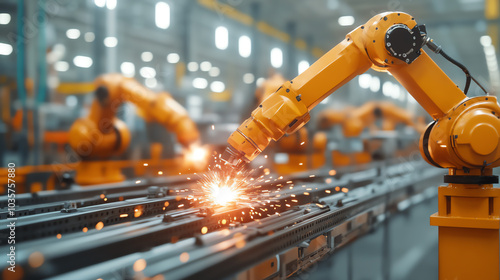 Industrial robot arm welding in a production facility, creating sparks amidst factory machinery, showcasing advanced automation technology.