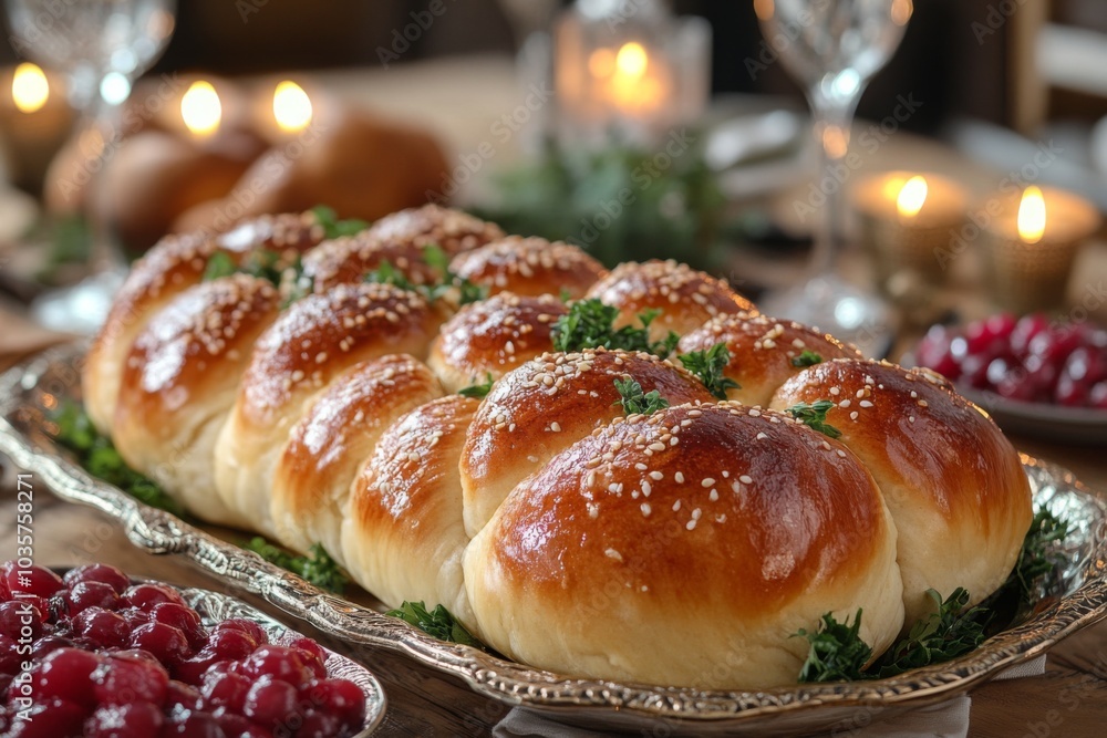 Freshly baked challah bread with sesame seeds Freshly baked challah bread with sesame seeds