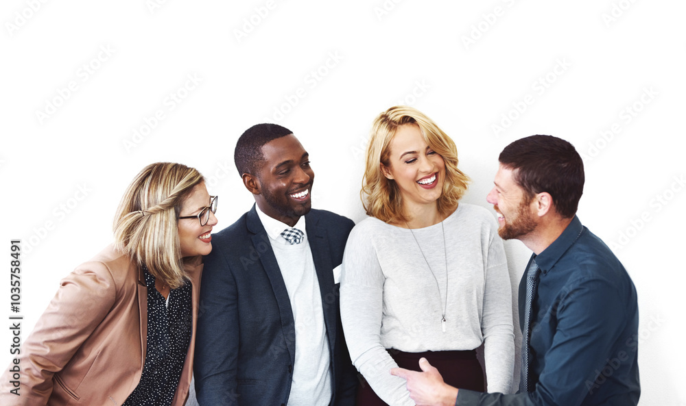 Teamwork, about us and smile with business people in studio for partnership, diversity and community. Support, solidarity and pride with group of employee laughing on white background for mission Teamwork, about us and smile with business people in studio for partnership, diversity and community. Support, solidarity and pride with group of employee laughing on white background for mission