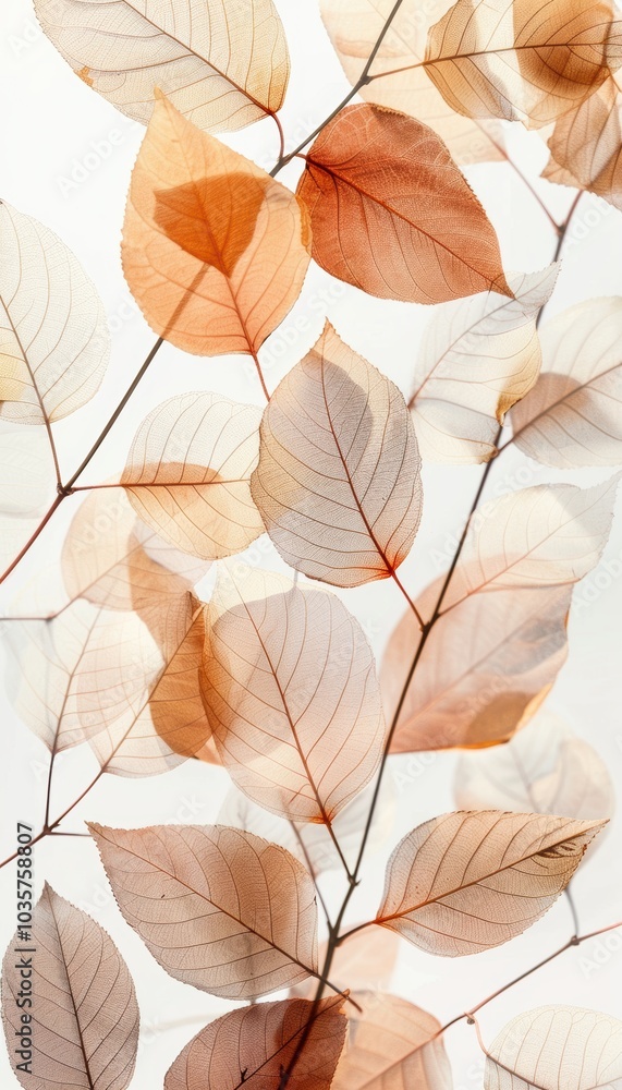 Minimalist Autumn Abstract with Delicate Transparent Leaf Shapes in Soft Muted Tones on White Background Minimalist Autumn Abstract with Delicate Transparent Leaf Shapes in Soft Muted Tones on White Background