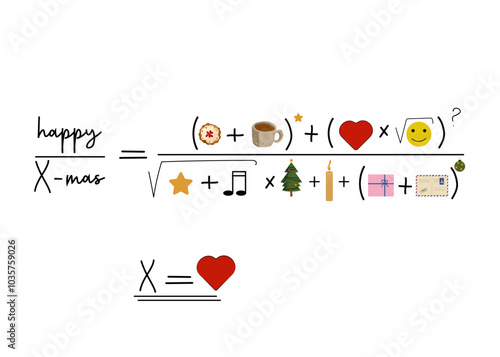 The mathematical equation of love or happiness. An algebraic fraction of cookies, tea, Christmas tree, candle, tree toy, heart. A fun holiday metaphor. Vector illustration can be used as a print or gr