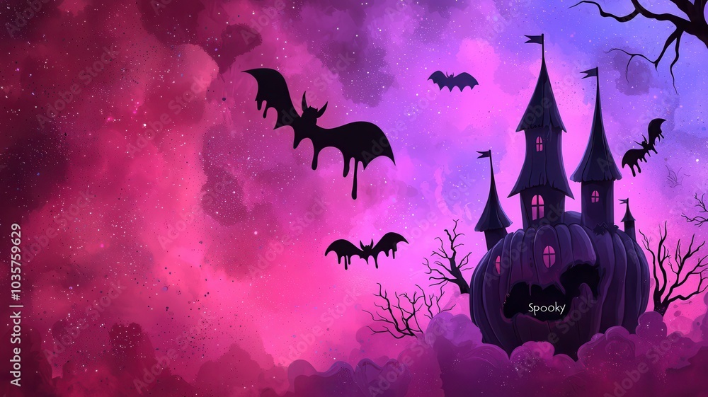 Fototapeta premium A spooky, colorful Halloween scene featuring bats, a dark castle, and a mystical sky of vibrant purple and pink hues.
