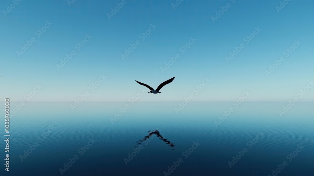 Obraz premium A seabird flying over a clean, plastic-free ocean with a distant horizon, wide panoramic view, with ample copy space in the water and sky