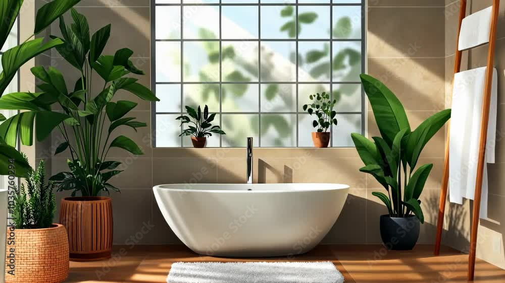 A modern bathroom with a large window, a freestanding bathtub, and several potted plants A modern bathroom with a large window, a freestanding bathtub, and several potted plants