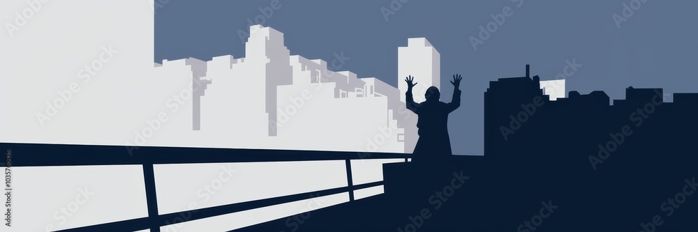 Silhouette of a Figure Gesturing on a City Skyline with Soft Blue Tones - Ideal for Motivational Themes Silhouette of a Figure Gesturing on a City Skyline with Soft Blue Tones - Ideal for Motivational Themes