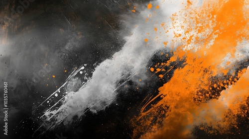 Dynamic abstract grunge background with bold orange and gray paint splashes on a textured black surface, creating a vibrant and energetic composition. The striking contrast between the colors and roug photo