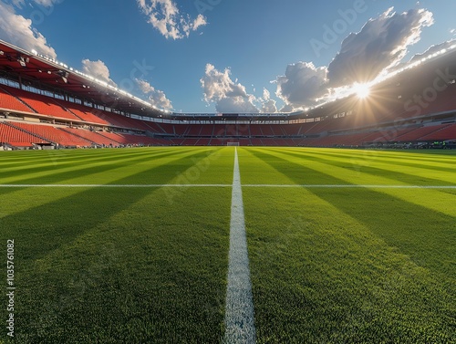 vivid photo showcasing an empty soccer stadium with a perfectly manicured vibrant green field, capturing the anticipation and energy of the game yet to come