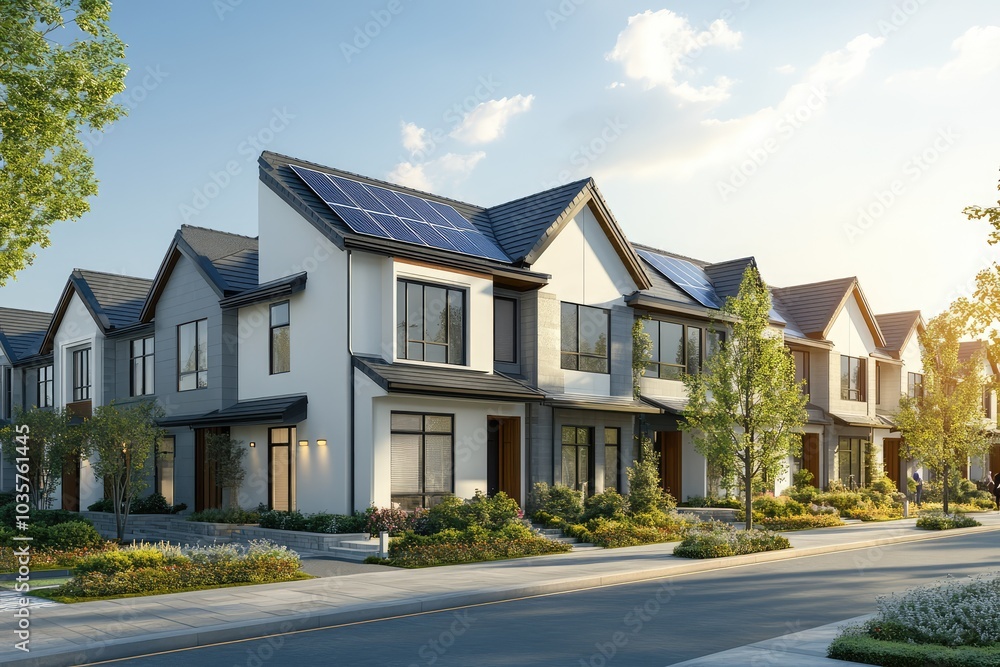 Modern Townhouse with Solar Panels. AI generated illustration. Modern Townhouse with Solar Panels. AI generated illustration.