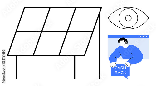 Depiction of solar panels, an eye representing surveillance or vision, and a person receiving cashback. Ideal for renewable energy, financial incentives, online transactions, surveillance, modern