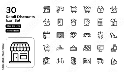 Retail Discounts Line Icon Set: Special Sales, Shopping Deals, and Savings Icons
