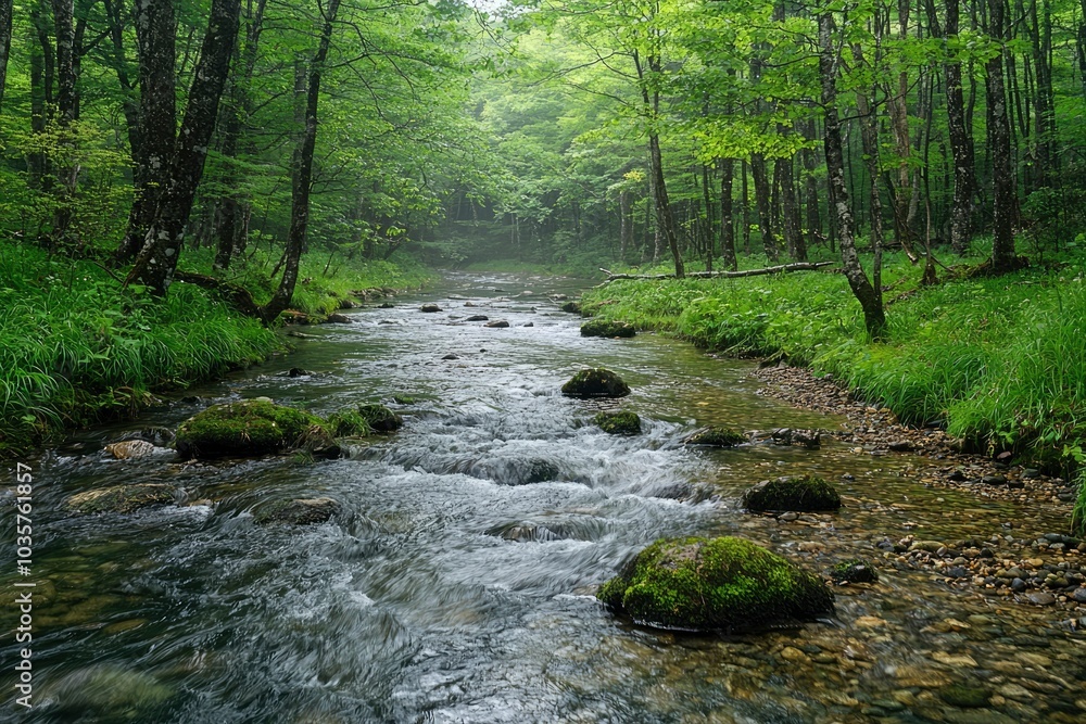A Stream Flowing Through a Lush Green Forest A Stream Flowing Through a Lush Green Forest
