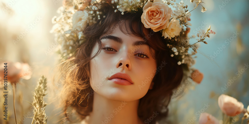 Portrait of a woman with floral crown in sunlit garden Portrait of a woman with floral crown in sunlit garden