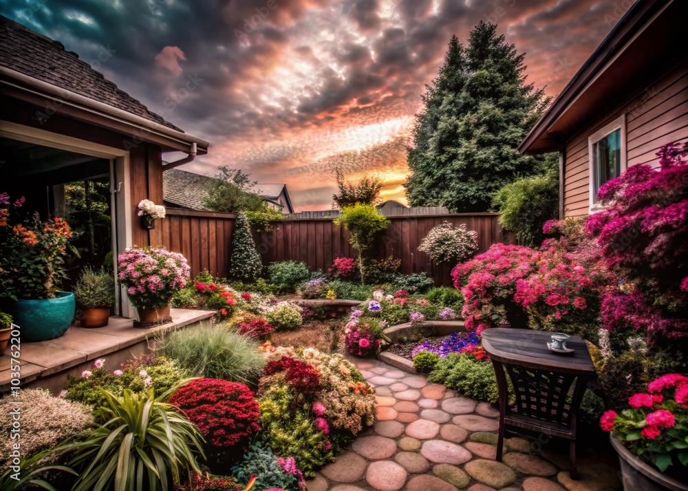Macro Photography of Lush Backyard Landscaping with Vibrant Flowers and Greenery for Gardening Inspiration Macro Photography of Lush Backyard Landscaping with Vibrant Flowers and Greenery for Gardening Inspiration