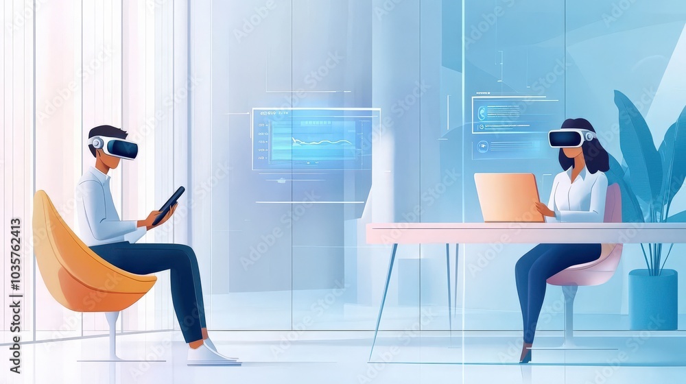 Futuristic Virtual Office with Employees in VR Headsets Futuristic Virtual Office with Employees in VR Headsets