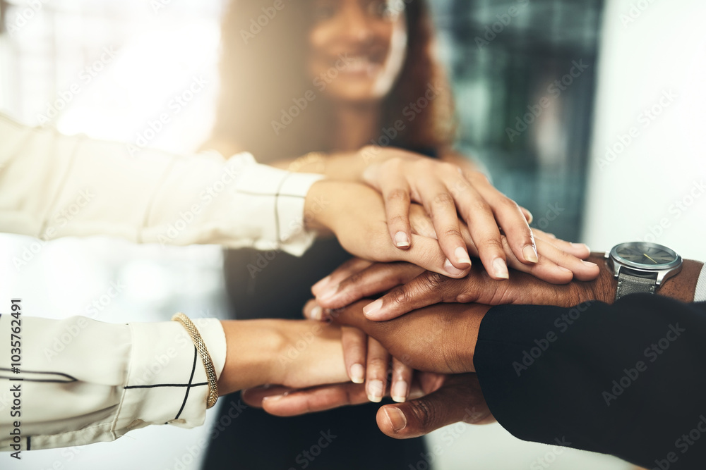Fototapeta premium Professional, stack and hands of business people in office for meeting, collaboration and support. Diversity, corporate staff and men and women with gesture for solidarity, partnership and agreement