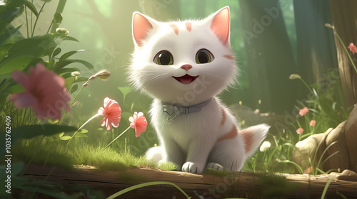 White kitten in the garden, anime style