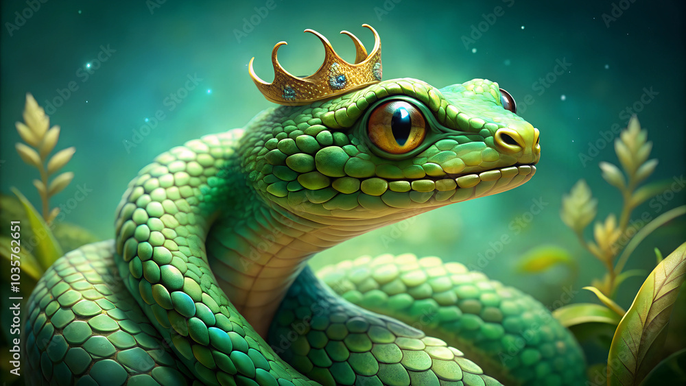 A green snake with a crown on its head A green snake with a crown on its head