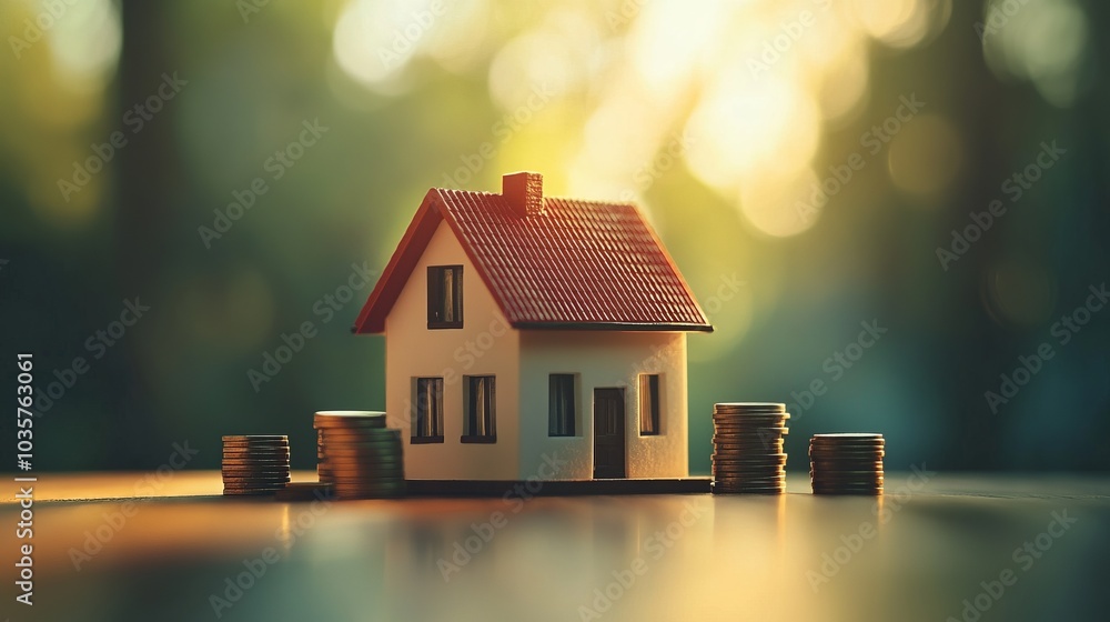 Miniature House Model with Coin Stacks Depicting Real Estate Investment, Mortgage Savings, Financial Growth, Home Ownership Concept, Property Miniature House Model with Coin Stacks Depicting Real Estate Investment, Mortgage Savings, Financial Growth, Home Ownership Concept, Property