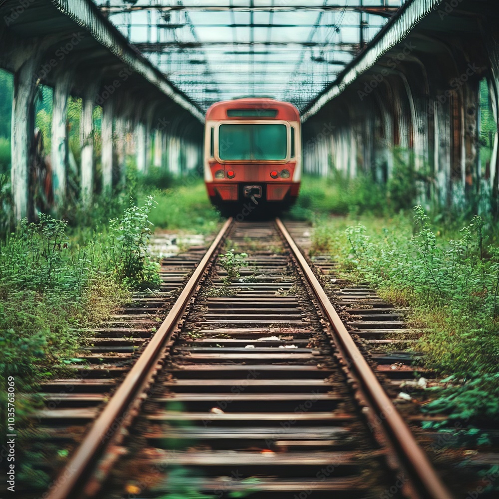 Naklejka premium Abandoned futuristic transportation systems, rusted maglev trains, overgrown tracks