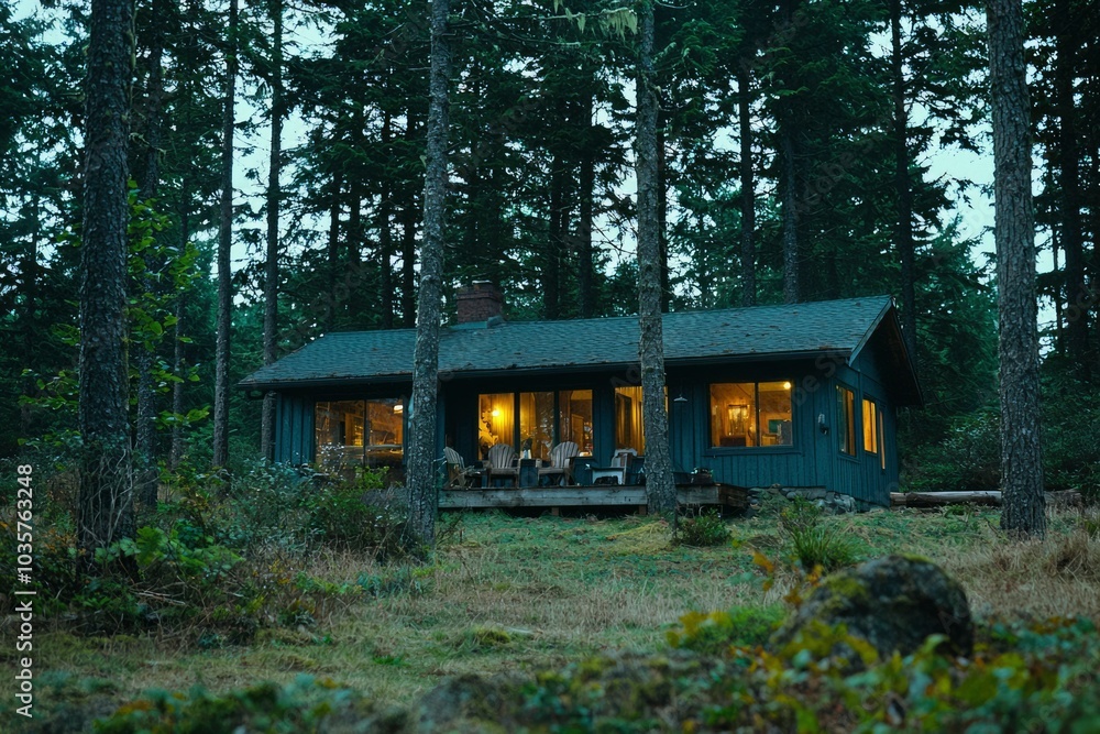 A Cabin Nestled Among Evergreen Trees With Warm Lights Shining From Inside A Cabin Nestled Among Evergreen Trees With Warm Lights Shining From Inside