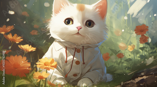 White kitten in the garden, anime style