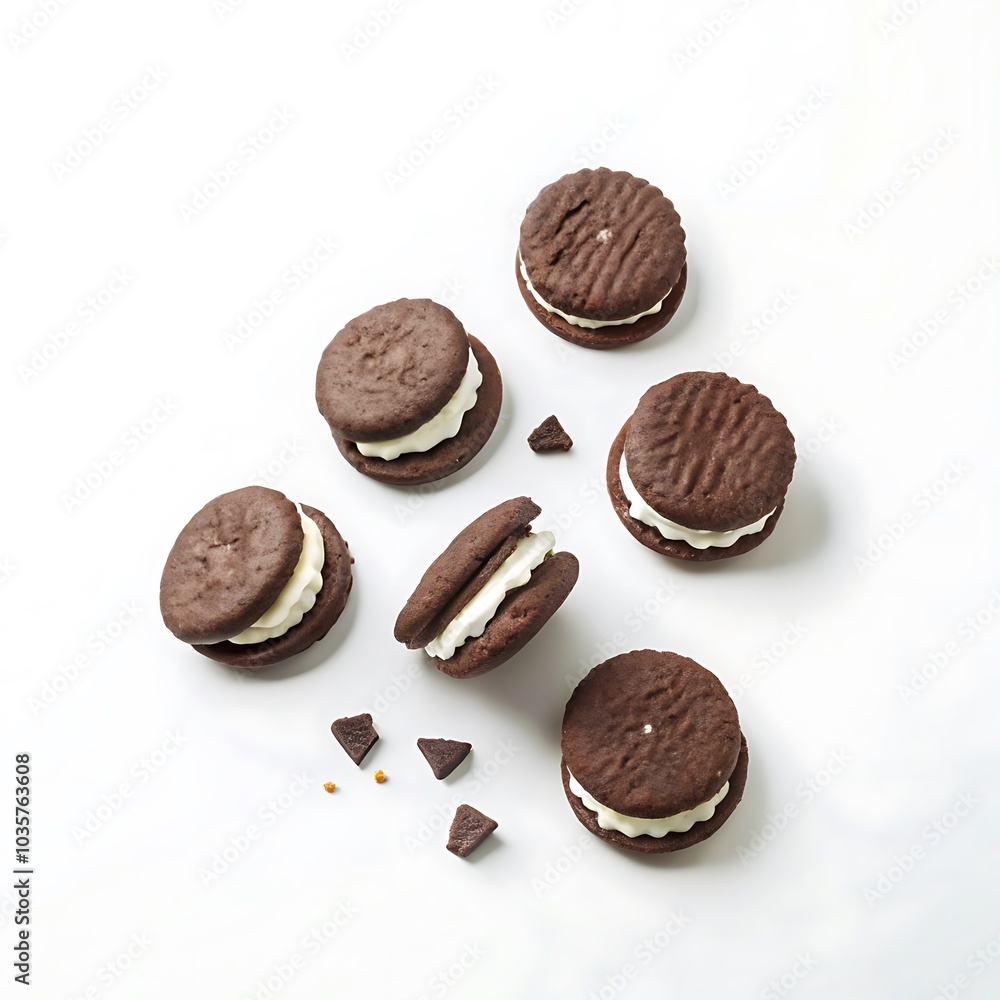 Chocolate sandwich cookies with cream filling and chocolate chips on white
Chocolate sandwich cookies with cream filling and chocolate chips on white