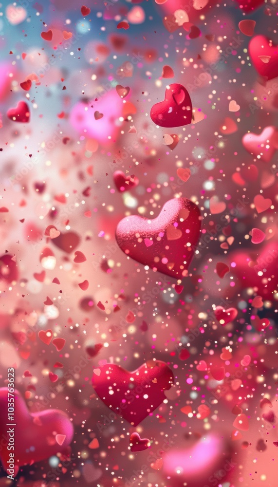 Obraz premium Playful Valentine's Day Abstract Background with Cartoon Hearts and Glittery Confetti Perfect for Cards